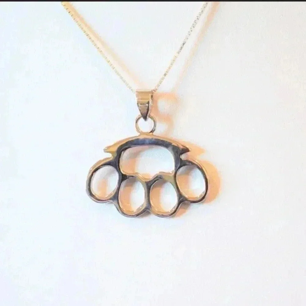 Brass Knuckles, Silver Knuckles Pendant, Mens Jewelry, Unisex Necklace, Mens - Picture 3 of 4